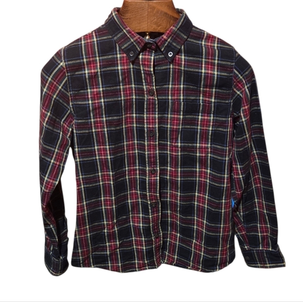 Vintage LL Bean Womens Scotch Plaid Flannel Shirt Navy Blue & Red Size Small